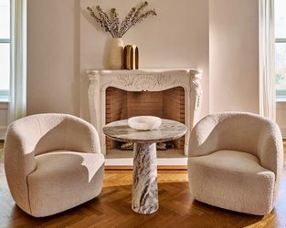 Moving sale! Crate and Barrel Bouclé  Swivel Chairs (2) + Matching Bench +Modern Tables