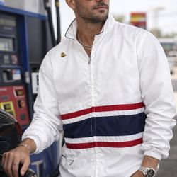 Vintage 70s Cream white Nylon Windbreaker RedBlue Racing Stripes Embroidered Bee Sz M