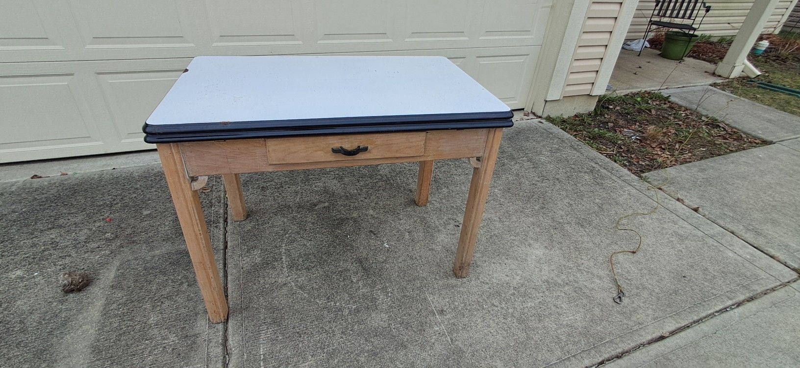 Vintage Antique Enamel Top Stainless Table Farmhouse Rustic Industrial