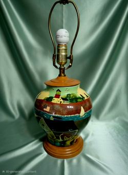 Vintage ceramic table lamp hand-painted coastal or nautical Lighthouse Scene 21"