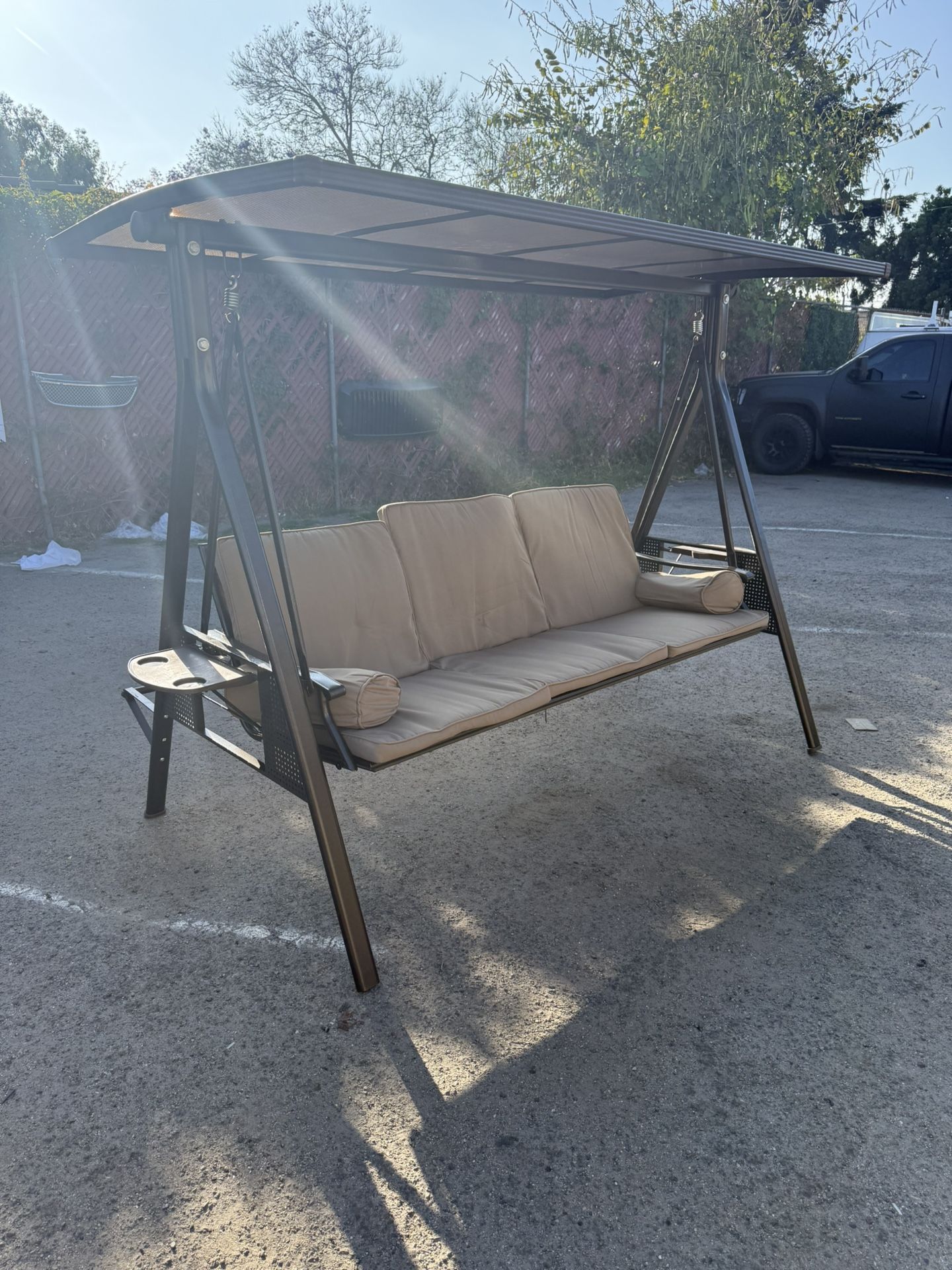 Porch Swing With Hardtop Sunshade 3 Person Khaki Columpio Outdoor Furniture Patio