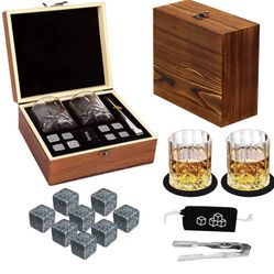 Whiskey Stones Gift Set - DIOXADOP Whiskey Glass Set Gifts for Men, 8 Granite Chilling Whisky Rocks, 2 Crystal Whisky Glasses - Best Gifts for Men Dad