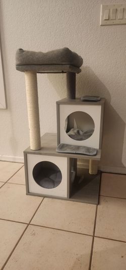 Modern Grey and White Wood Cat Tree with Two Condos