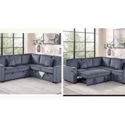 $528 Sectional Pull Out Bed With Storage USB Cup Holder Available,I Ivory,Dark Gray,Corduroy