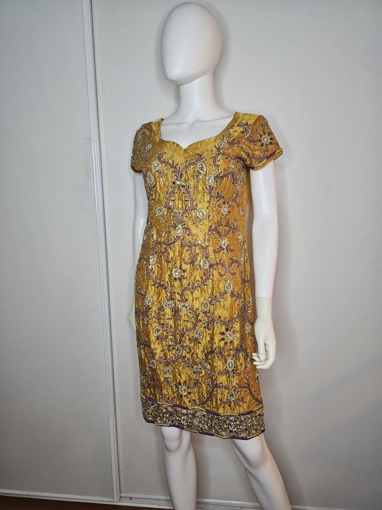 Gold Hand Embroidered Indian Kurti Tunic Top – Beaded Silk Festival Wear