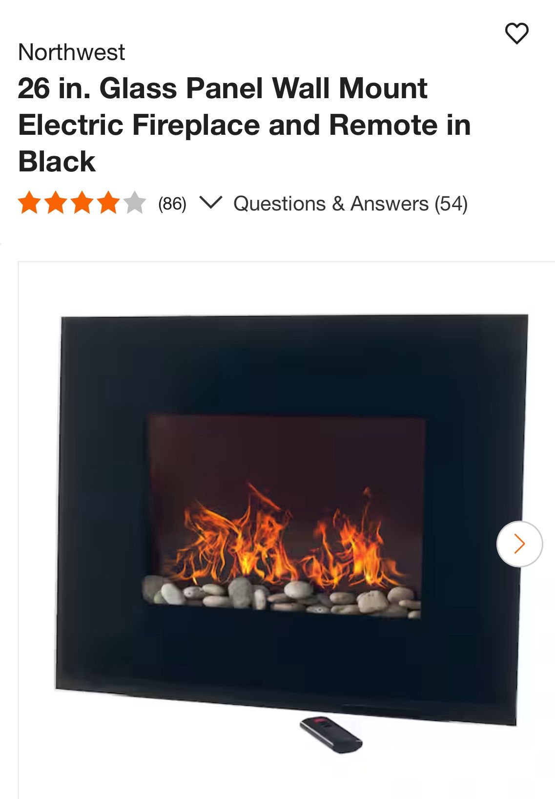 Northwest 26in Glass panel Wall Mount Electric Fireplace & remote in black