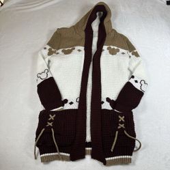 Cardigan Sweater Brown Burgundy Cream Graphic Pattern Lace Up Pockets