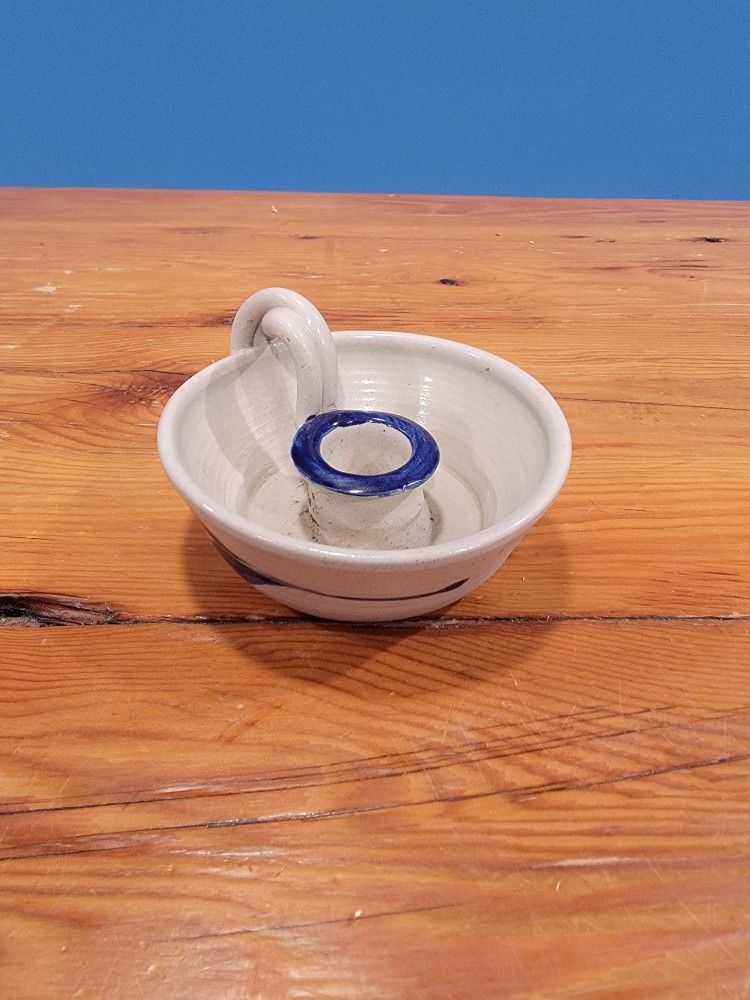 Williamsburg Pottery Chamber Stick Candle Holder ~ Cobalt Blue, Leaves, Candle