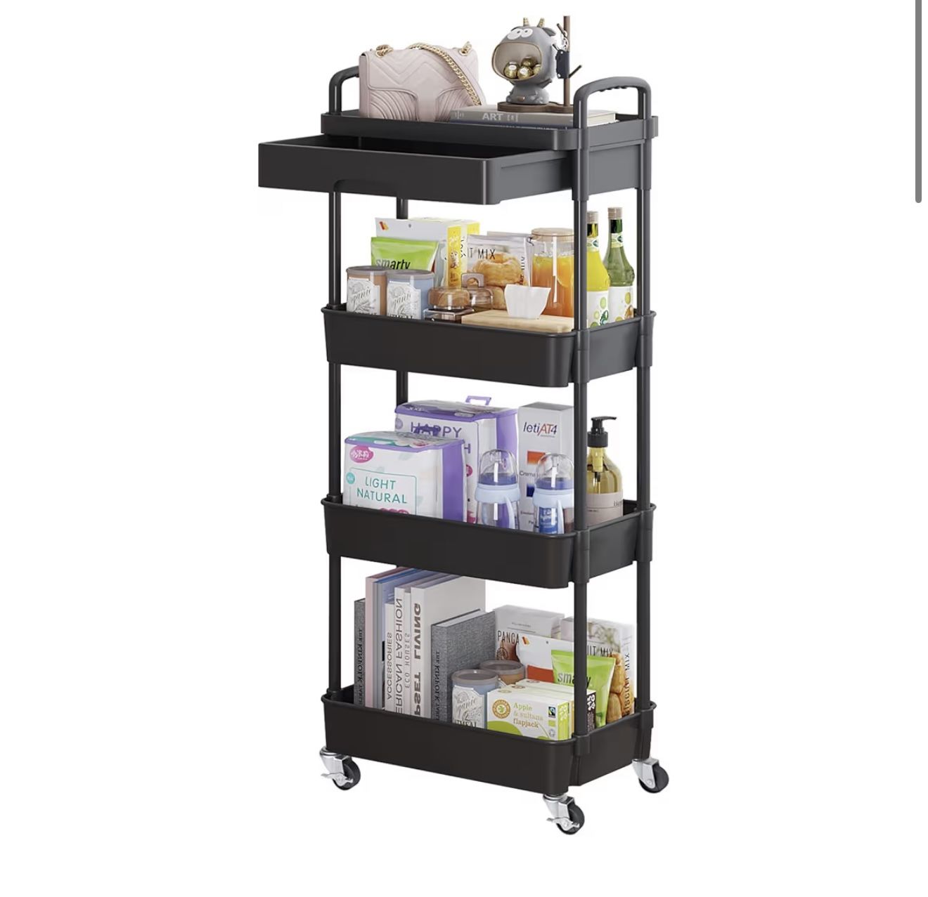 4-Tier Rolling Utility Cart with Drawer, Multifunctional Storage Organizer with Plastic Shelf & Metal Wheel, Storage Cart for Kitchen,Bathroom,Living
