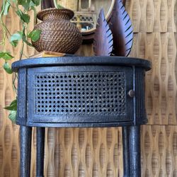 Arhaus Merle Oval Black Cane Side End Table Textured Distressed Vintage Finish Storage Traditional 