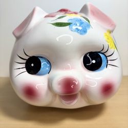 VTG Piggy Bank Large 12”x 8” 1960’s Hand Painted Ceramic W/ Pink Ribbon Kitsch