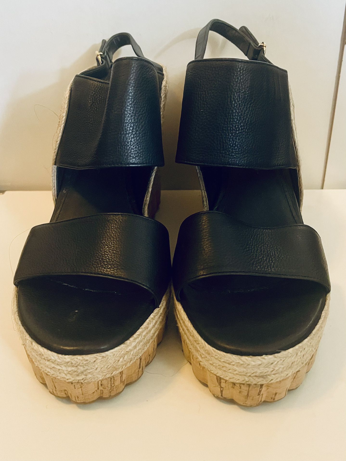 Salvatore Ferragamo 'Maratea' Black Leather Espadrille Wedge Sandal- US size 8.5