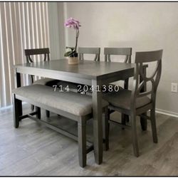gray solid wood dining table with 4 chairs and bench 60x36x30 "