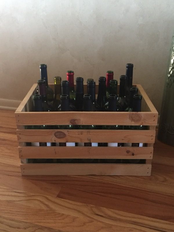 Wooden Crate with Empty Wine Bottles