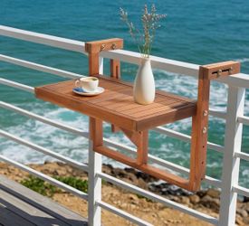 Balcony Table, Acacia Wood Folding Balcony Bar Table for Railings, 65LBS Load-Bearing Adjustable Height & Width Hanging Bar , Rectangular