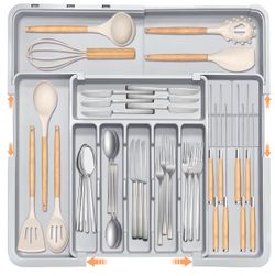 Silverware Drawer Organizer for Kitchen, Adjustable Utensil Drawer Organizer with 2 Knife Block, BPA Free Flatware and Cutlery Holder, Expandable Plas