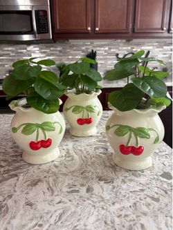 Cherry Planters with Faux Plants- Set of 3