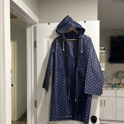 Women’s Long Navy Blue Polkadot Raincoat