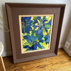 Vintage Large Blue Tulips Oil Painting Original Wall Hanging Wall Art Mid Century Floral Plaster Framed Water Color 