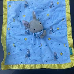GOOD NIGHT MOON Bunny Lovey Kids Preferred Blue Plush Blanket Yellow Satin