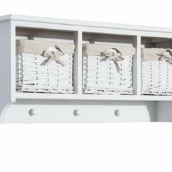 Garment Coat Rack Shelf With Storage Baskets Entry Way Organization White 