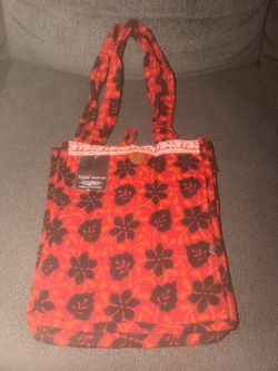 Sejal Handicrafts Red Black Floral Canvas Tote Bag Zip Button Lined Pockets