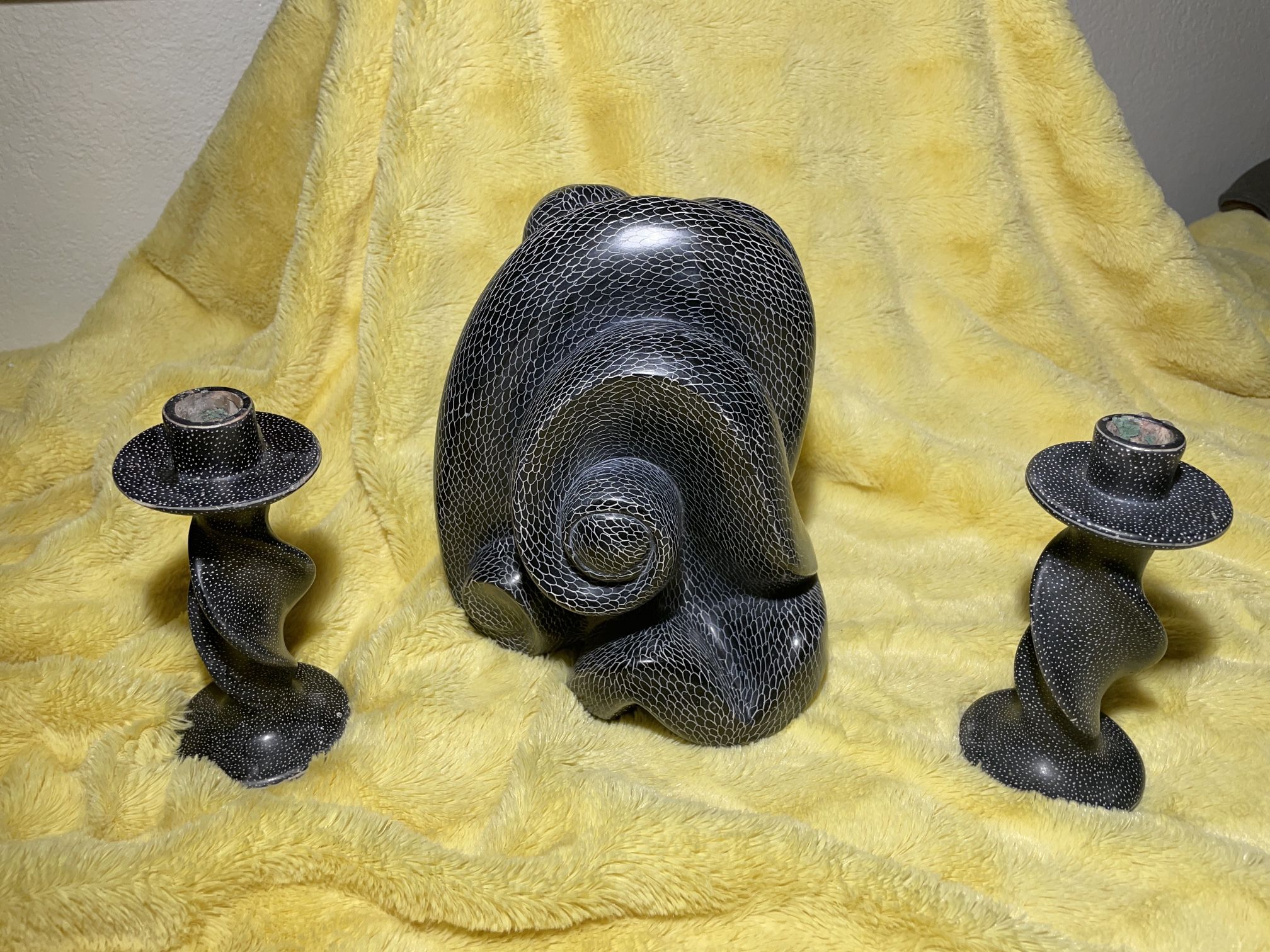 Vintage African Carved Soapstone Candle Holder Set and Abstract Design figurine