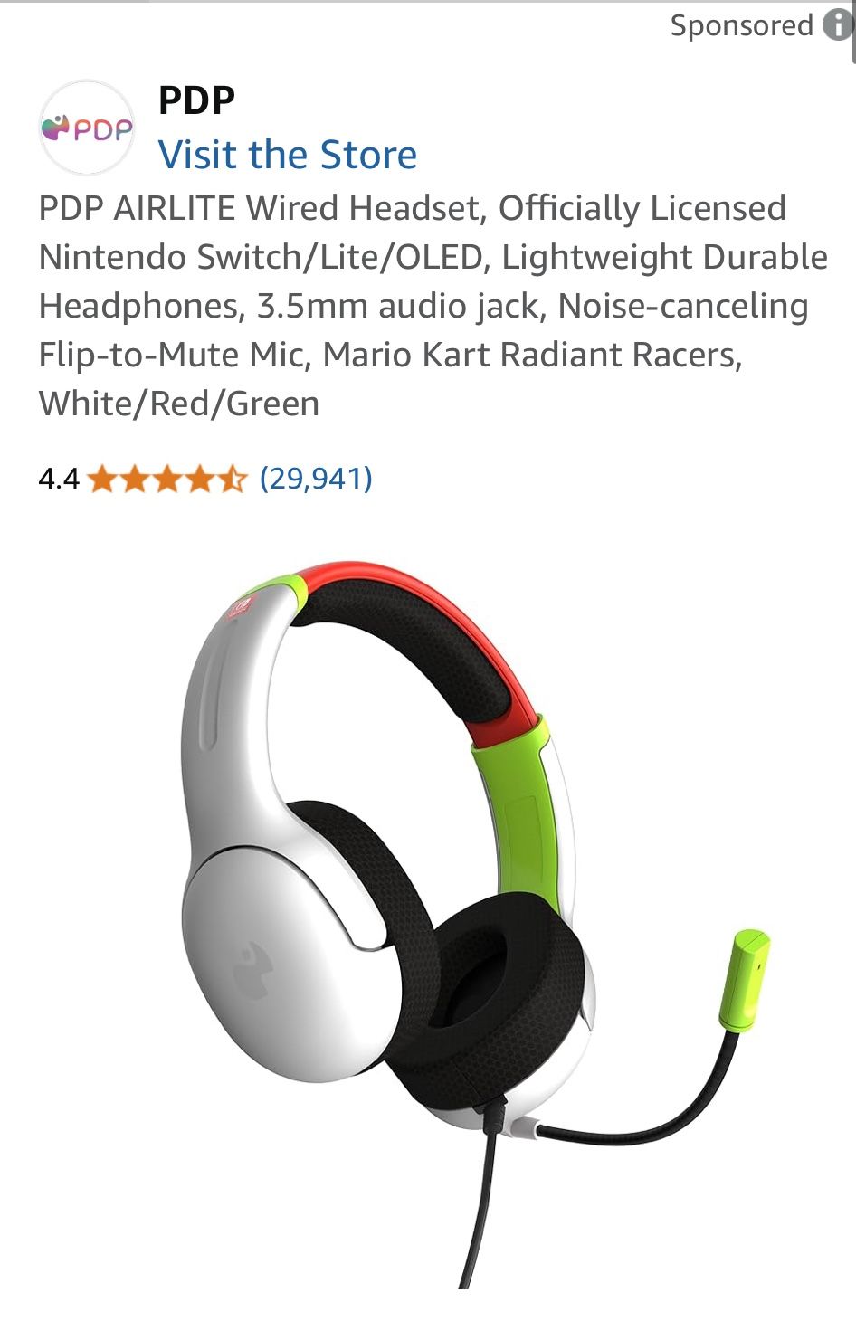 DP AIRLITE Wired Headset, Officially Licensed Nintendo Switch/Lite/OLED, Lightweight Durable Headphones, 3.5mm audio jack, Noise-canceling Flip-to-Mut