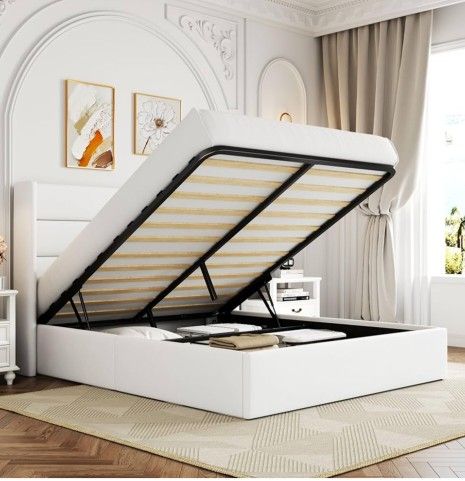 Allewie Queen Size Velvet Lift Up Storage Bed, Modern Wingback Headboard, Hydraulic Support, No Box Spring Needed, White