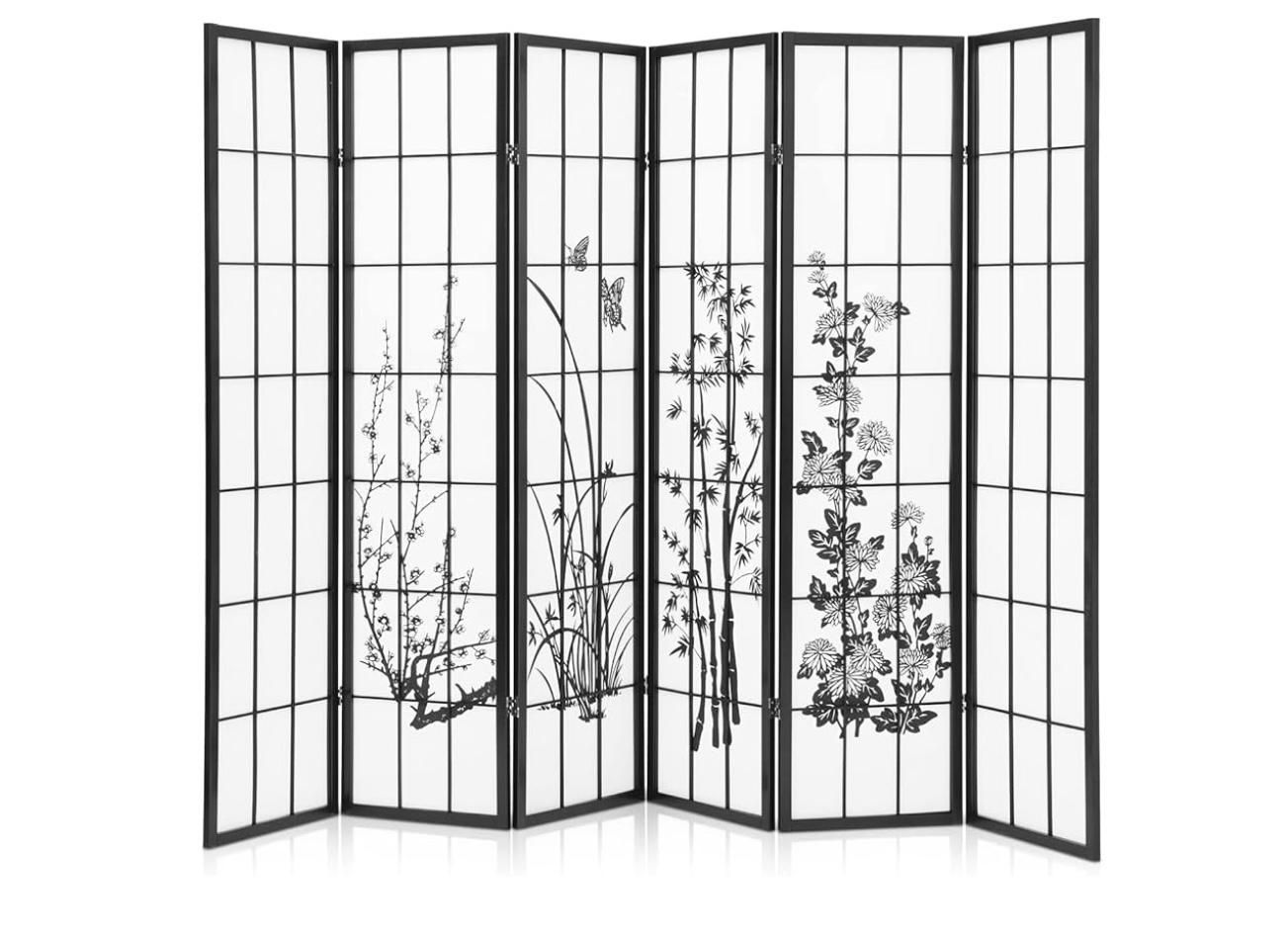 MoNiBloom 6-Panel Divider for Room Separation 5.7ft Oriental Gentlemen-Among-Flowers Pattern(Just One Sheet Small Ripped Check Last Picture)y045