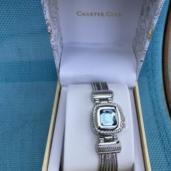 2 New beautiful Silver Charter club watches With Flip Cover And A Faceted Fire Blue/green Square Stone Covering Face Of Watch.