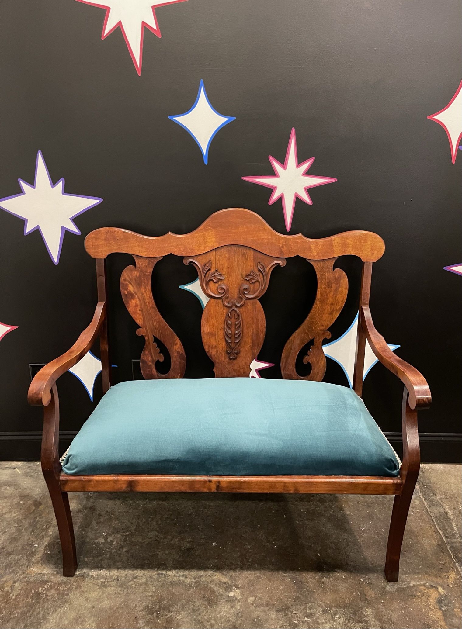 Vintage Carved Wood Teal Velvet Upholstered Bench