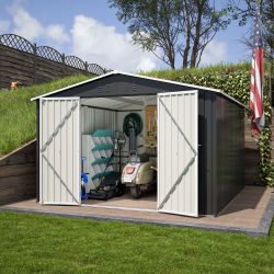 Outdoor Storage Shed 10x10 FT, Utility Metal Tool Storage with Lockable Doors and Updated Frame Structure, Large Metal Garden Shed for Backyard, Patio