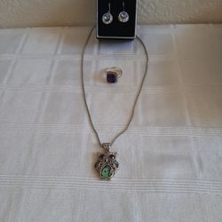 Sterling Silver Charoite Ring,silver Owl Necklace, Mystic Topaz Earrings 