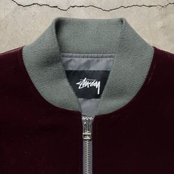 Stussy Streetwear Red/Wine Velvet Velour Full-Zip Bomber Jacket L