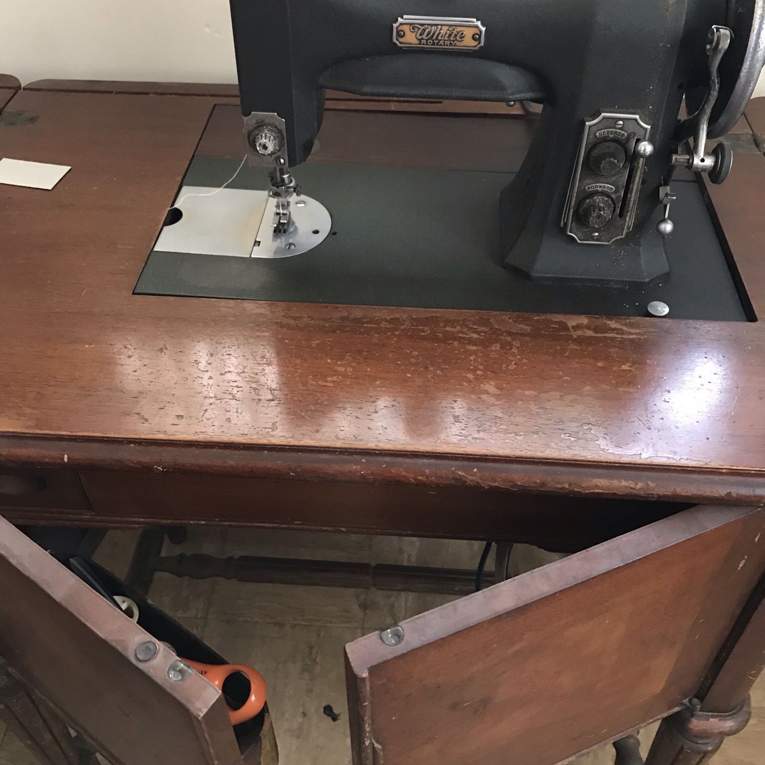 Antique White Sewing Machine In Cabinet