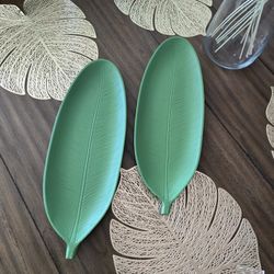 2 Green Leaf Shape Serving Trays