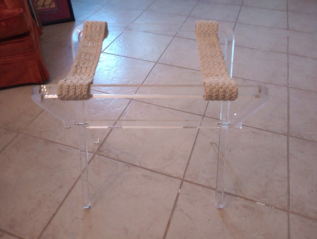 Vintage Mid Century Lucite Acrylic Luggage Suitcase Travel Bag Stand Rack Tray Table Macrame Straps MCM Folding