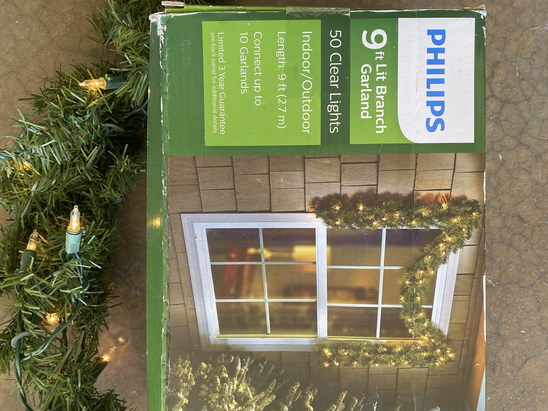 Philips Brand 9’ Foot LIT Clear Light Garland And 9’ Unlit Garland