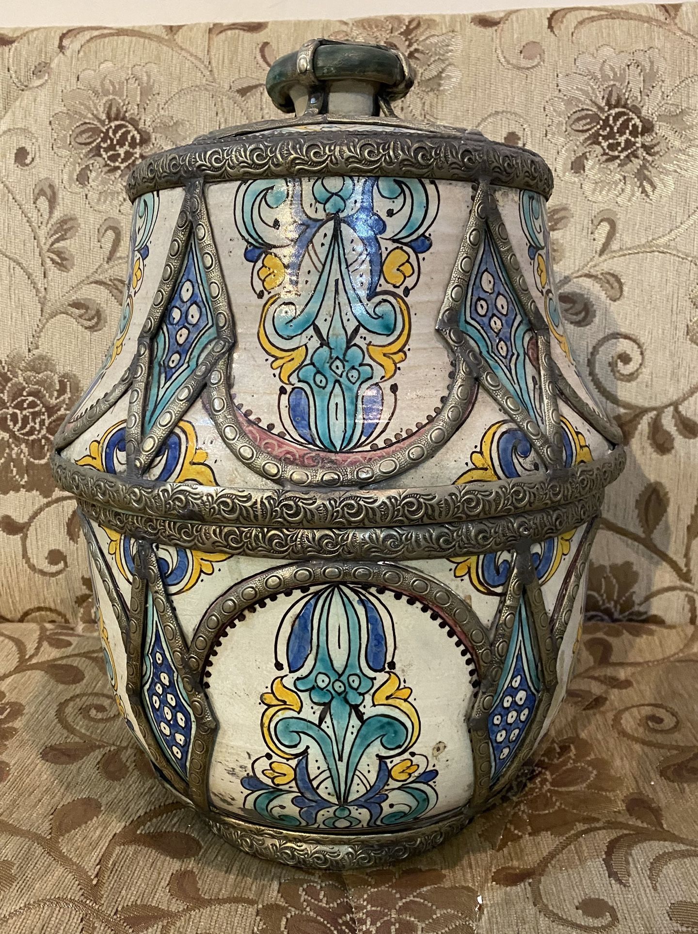 MOROCCAN CERAMIC COVERED JAR - WITH SILVER FILIGREE OVERLAY - FULL HEIGHT 15