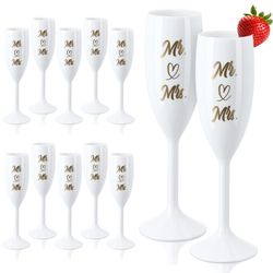 Reallnaive 12 Pcs Mr And Mrs Champagne Flutes Bulk For Bridal Party Supplies Acrylic Goblet 5 Oz Wine Glasses Toasting Drinking High Stem Unbreakable 