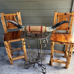 Heavy Firm Wood Chairs With Iron Glass Table And Horns 