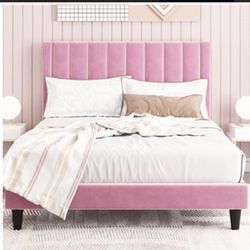 IMUsee Queen Size Velvet Upholstered Tufted Platform Bed Frame with headboard, Strong Wooden Slats, Box Spring Optional, Mattress Foundation, Easy Ass