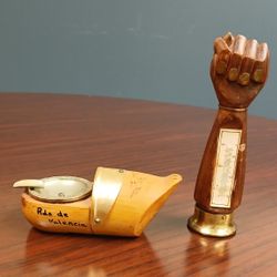 2 Vintage Wood Carved Brazilian Figa Can Opener  & Ashtray In The Shape Of A Wooden Shoe