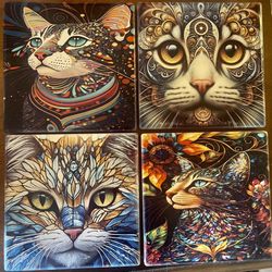 New Set Of 4-4x4 Ceramic Cat Coasters! 