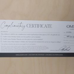 OMNI La Costa Golf Greens Fee Voucher Certificate