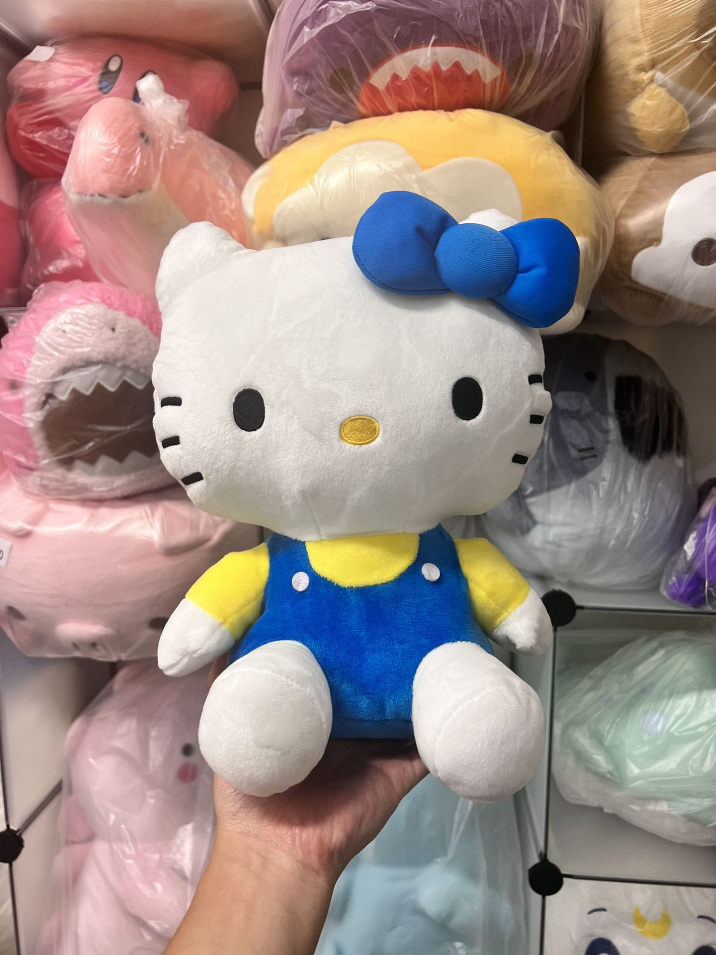12” Hello Kitty Classic Plushie Sanrio Blue Overall, Yellow Shirt and Blue Bow