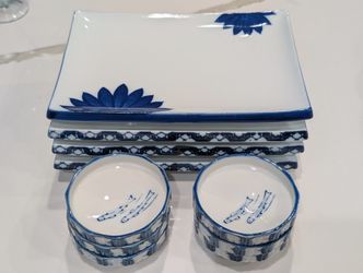 Lot of Japanese Sushi Plates & Dipping Sauce Bowls Blue & White Hand Painted Fishes