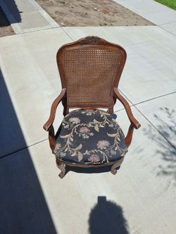 Vintage Cane Back Carved Wood Arm Chair - Floral Seat
