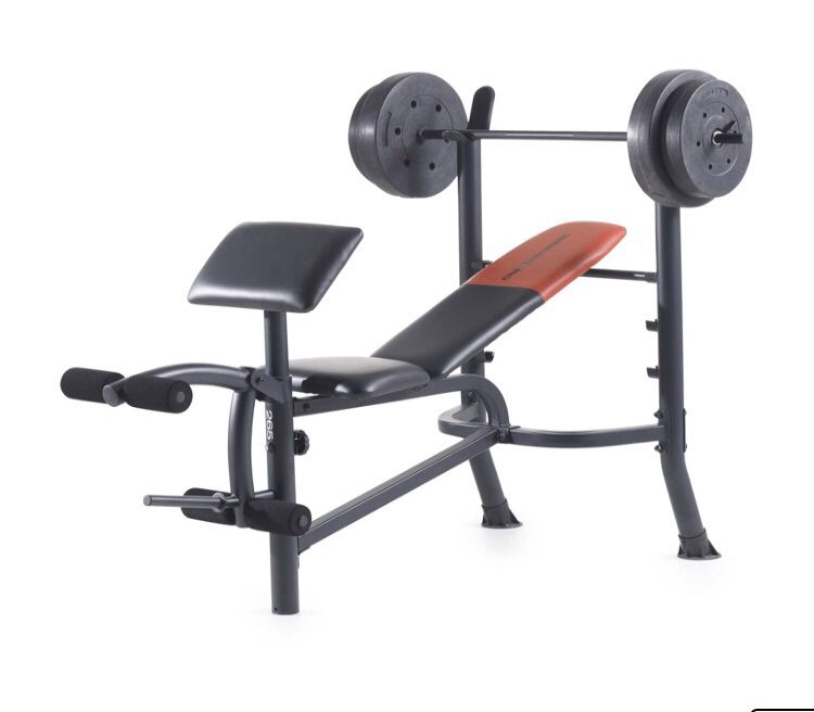 Weider Workout Bench with Barbell and 80 Pounds of Weight Plates
